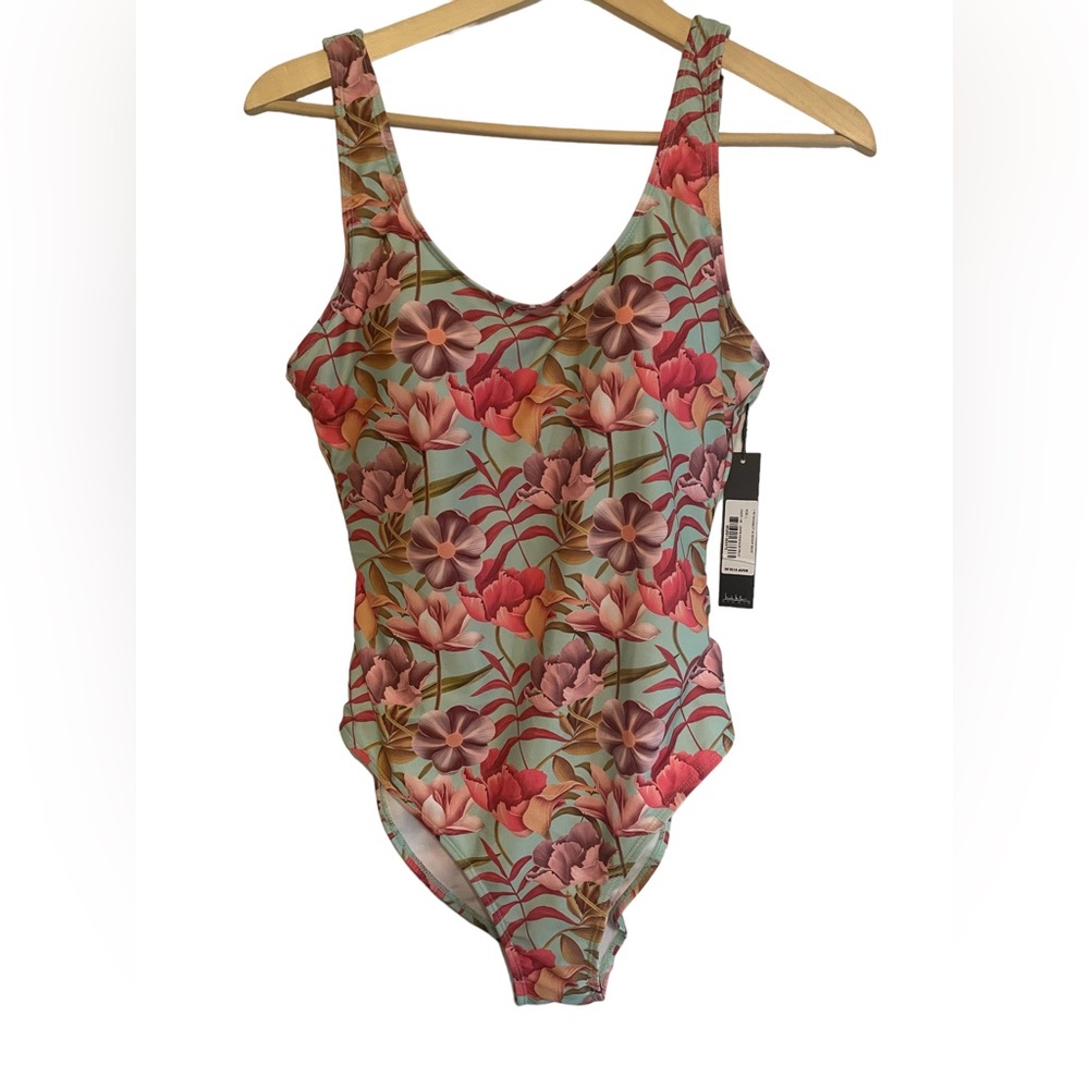 😍NWT Nicole Miller Women’s size L (10-12) floral print swimsuit 🤩